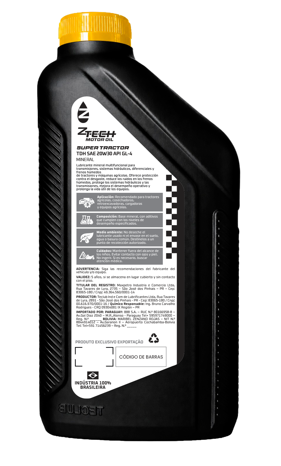 Dorso del envase de ZTECH MOTOR OIL Súper Tractor TDH SAE 20W30