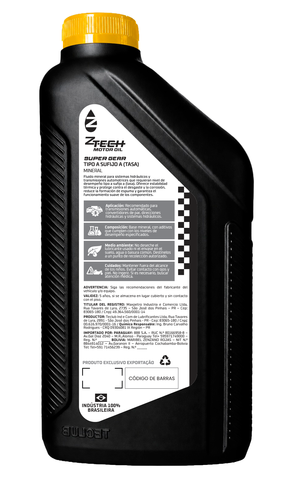 Dorso del envase de ZTECH MOTOR OIL Súper Gear Tipo A Sufijo A (TASA)